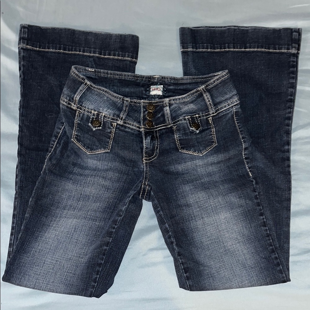 Blue Flare Wide Leg Jeans with Distressed Details